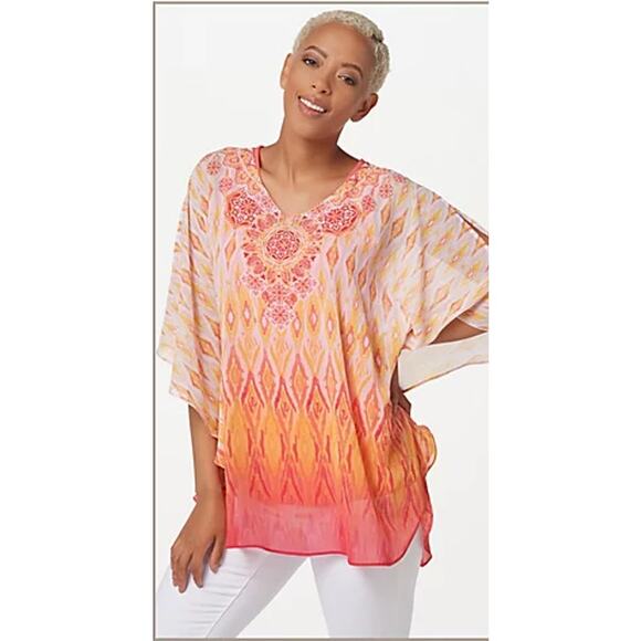 Susan Graver Small 6 8 TOP Sheer Chiffon Scarf Blouse Slit Shoulder Medallion - Picture 1 of 13